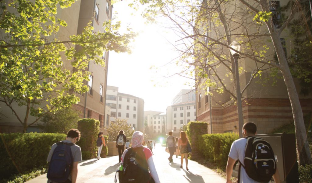 Students walking to class on a bright and sunny day.