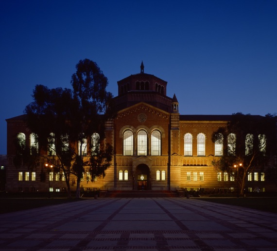 View of Powell Library at night.