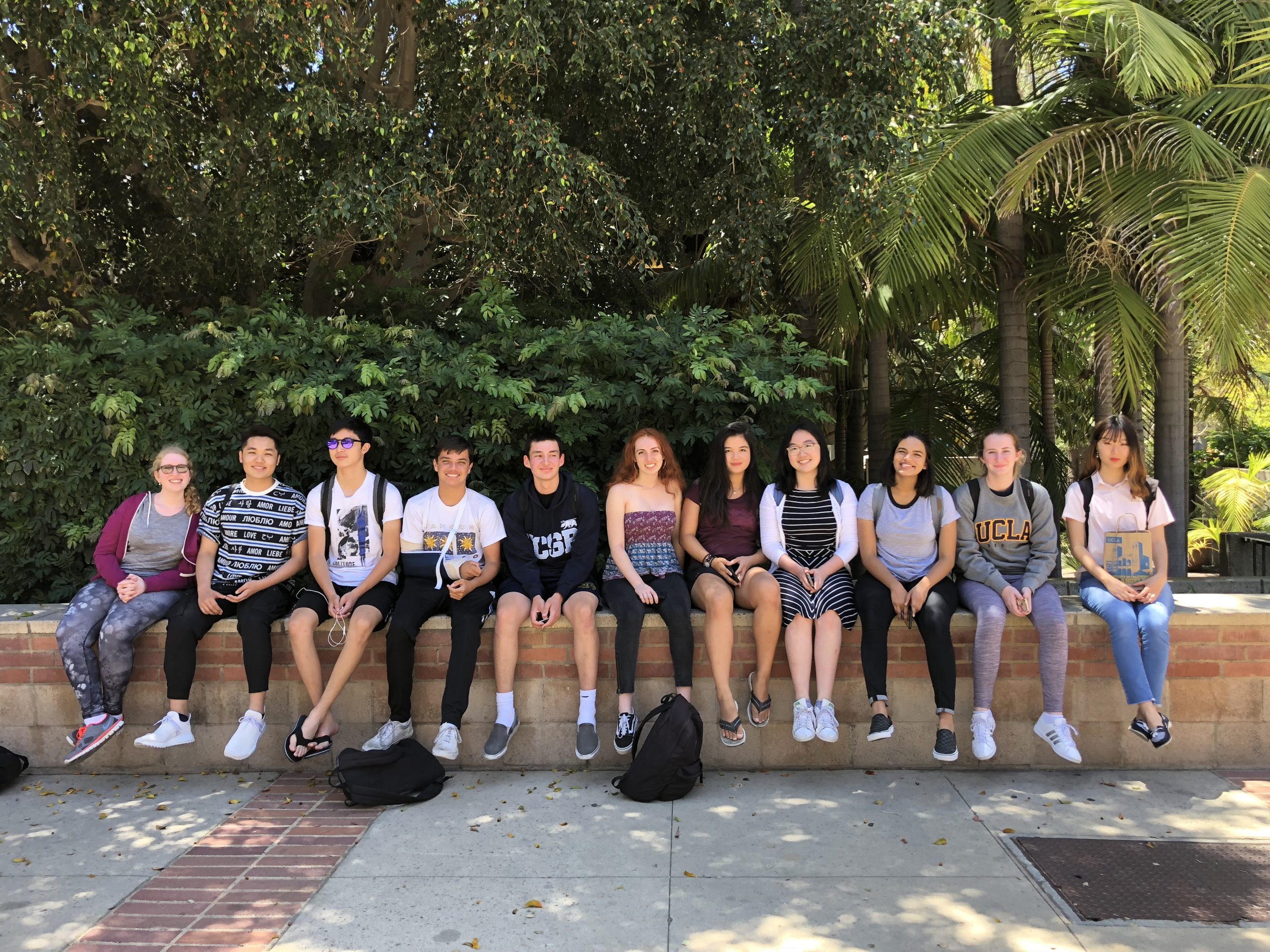 Eleven students sitting next to each other on a low wall in front of trees, smiling, with their legs dangling.