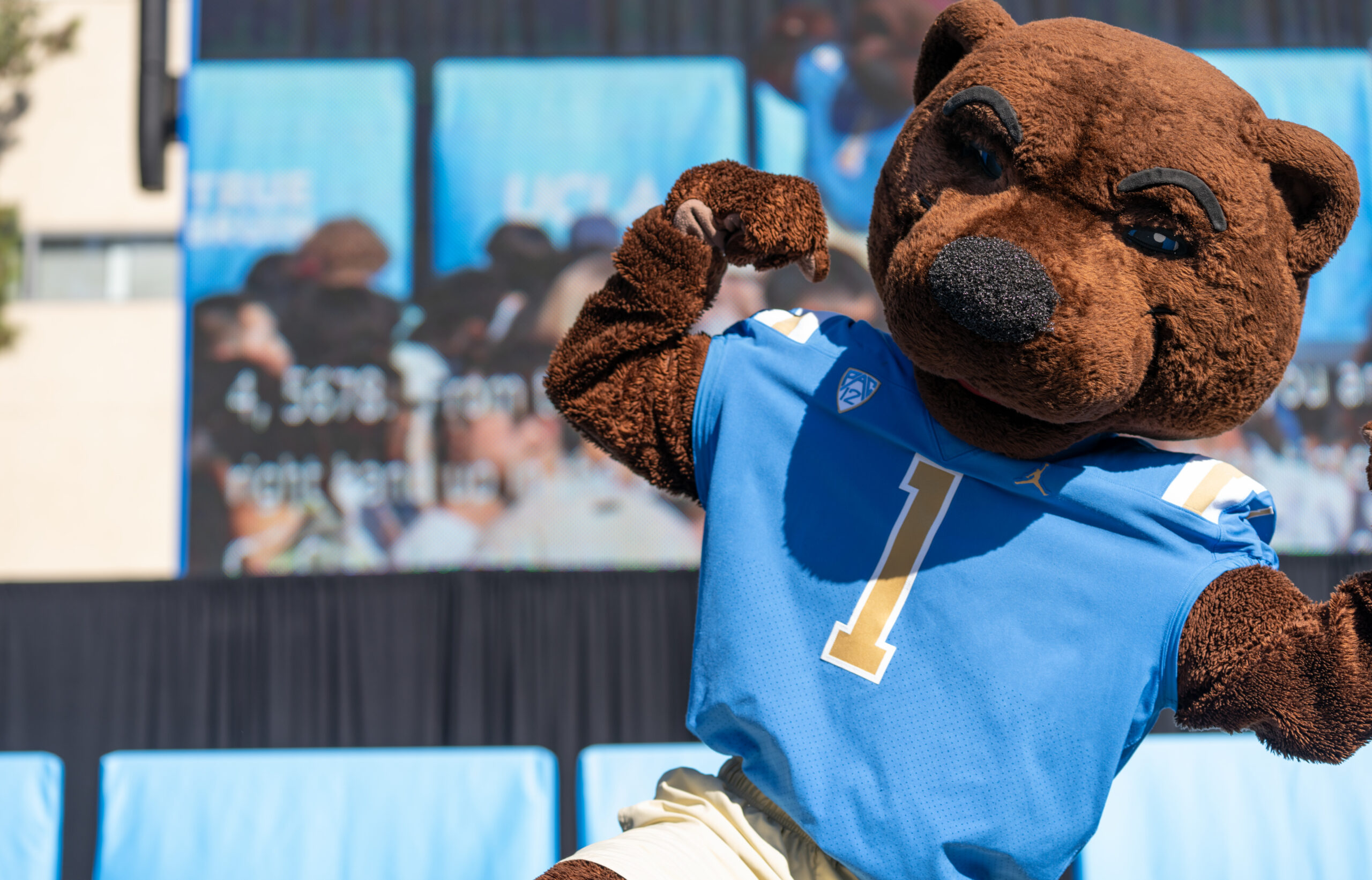 A cheerful bear mascot in a blue UCLA jersey flexes muscularly against a backdrop of blue screens, celebrating school spirit.