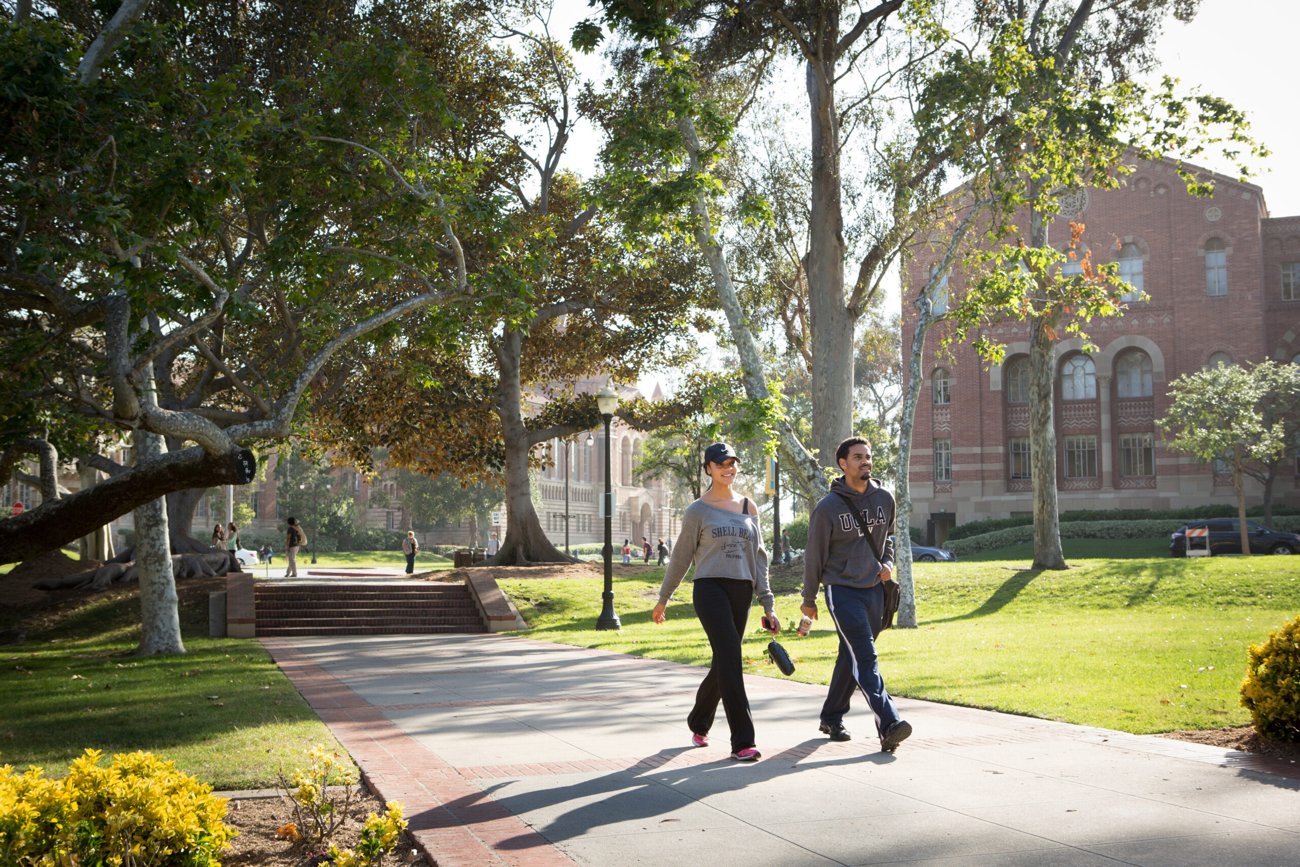 Two individuals walk on a sunlit pathway surrounded by trees and green lawns, with a historic building visible in the background.