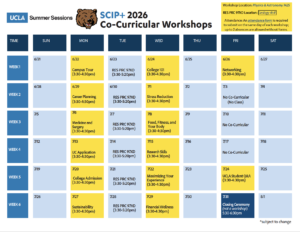 Colorful schedule grid calendar outlining UCLA Summer Sessions workshops, including topics, dates, and times for various activities over six weeks.
