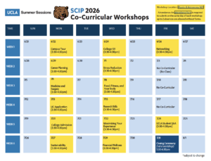 Colorful schedule grid calendar outlining UCLA Summer Sessions eSCIP workshops, including topics, dates, and times for various activities over six weeks from 3:30-4:30pm.