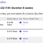 Course enrollment table displaying sections for "Introduction to Black Studies," with status updates, waitlist information, and session details.