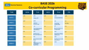 Weekly schedule for BASE 2026 co-curricular programming at UCLA, featuring courses and activities from June 22 to July 30, with dates and topics outlined.