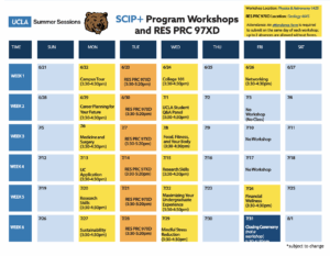 Weekly schedule of SCIP+ program workshops, featuring yellow and blue colors, outlining events from Sunday to Thursday over four weeks.