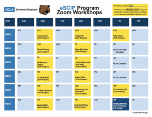 Weekly schedule of Zoom workshops for the eSCIP program, featuring dates, times, and topics, arranged in a clear table format with a blue and yellow color scheme.